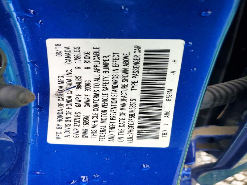 Продаж на аукціоні авто 2018 Honda Civic, vin: 2HGFC2F58JH585151, номер лоту: 55300256