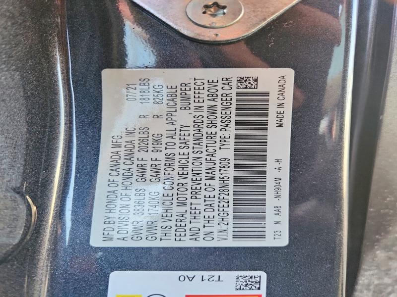 52596066 :رقم المزاد ، 2HGFE2F28NH517809 vin ، 2022 Honda Civic مزاد بيع