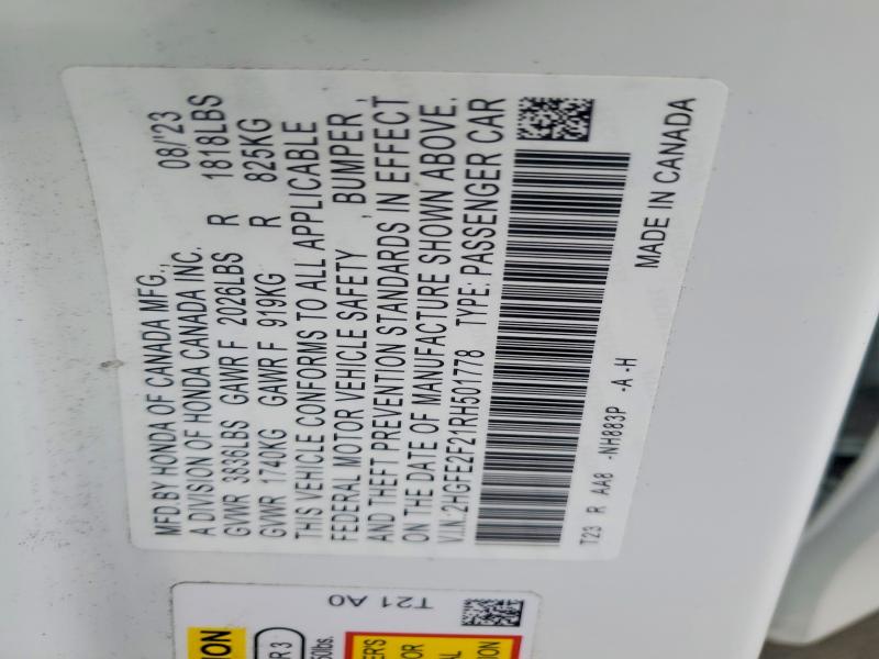52184326 :رقم المزاد ، 2HGFE2F21RH501778 vin ، 2024 Honda Civic مزاد بيع
