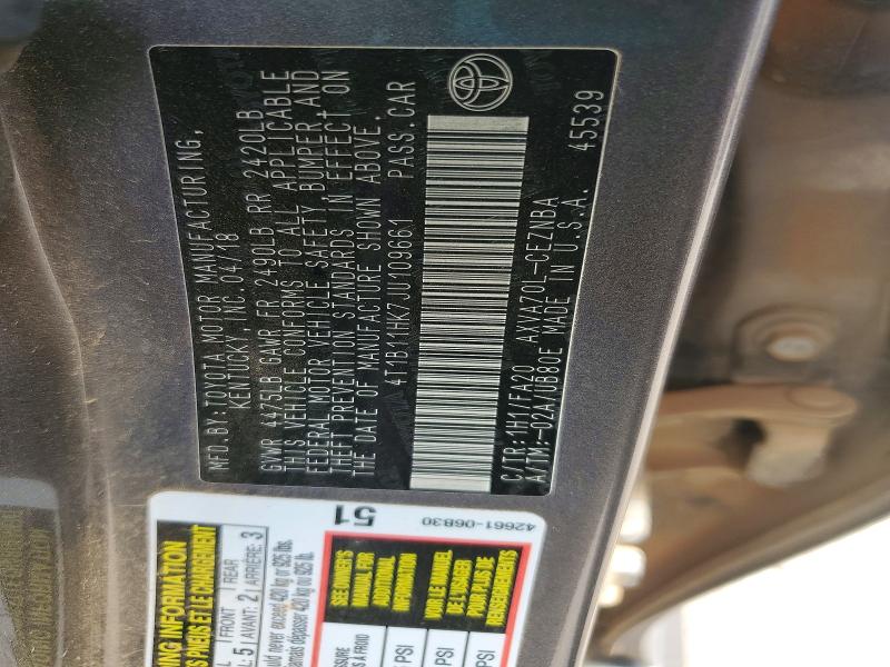 2018 Toyota Camry მანქანა იყიდება აუქციონზე, vin: 4T1B11HK7JU109661, აუქციონის ნომერი: 54772796
