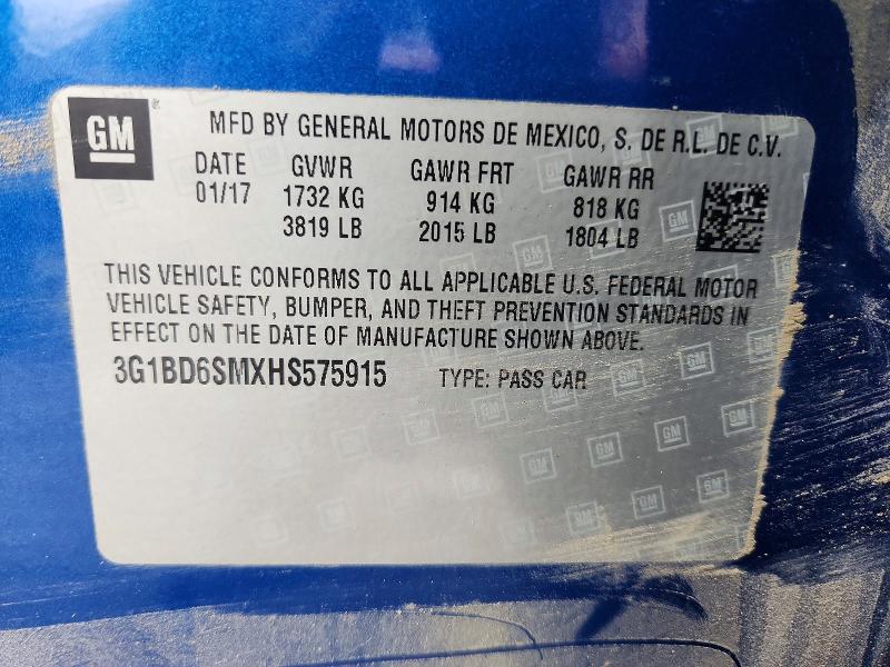 52227376 :رقم المزاد ، 3G1BD6SMXHS575915 vin ، 2017 Chevrolet Cruze مزاد بيع