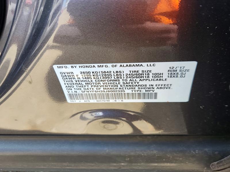2018 Honda Pilot მანქანა იყიდება აუქციონზე, vin: 5FNYF6H39JB002335, აუქციონის ნომერი: 53917696