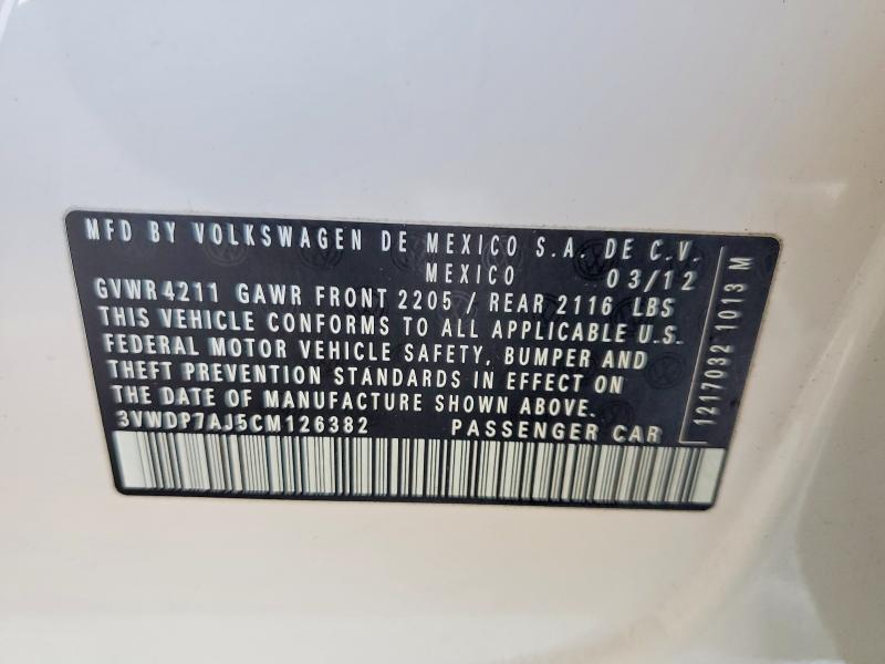 54534376 :رقم المزاد ، 3VWDP7AJ5CM126382 vin ، 2012 Volkswagen Jetta مزاد بيع