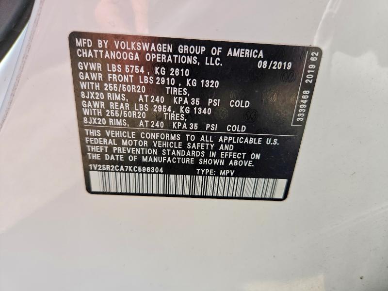 2019 Volkswagen Atlas მანქანა იყიდება აუქციონზე, vin: 1V2SR2CA7KC596304, აუქციონის ნომერი: 54619066