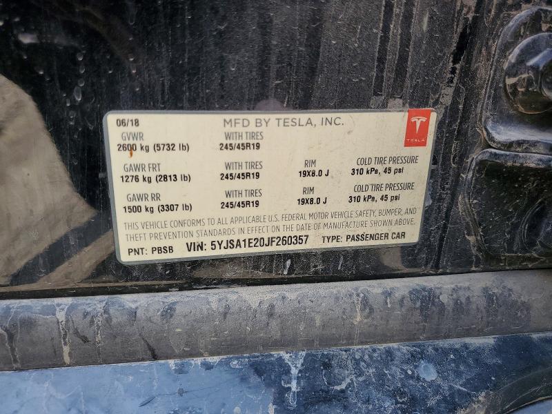 52448956 :رقم المزاد ، 5YJSA1E20JF260357 vin ، 2018 Tesla Model S مزاد بيع