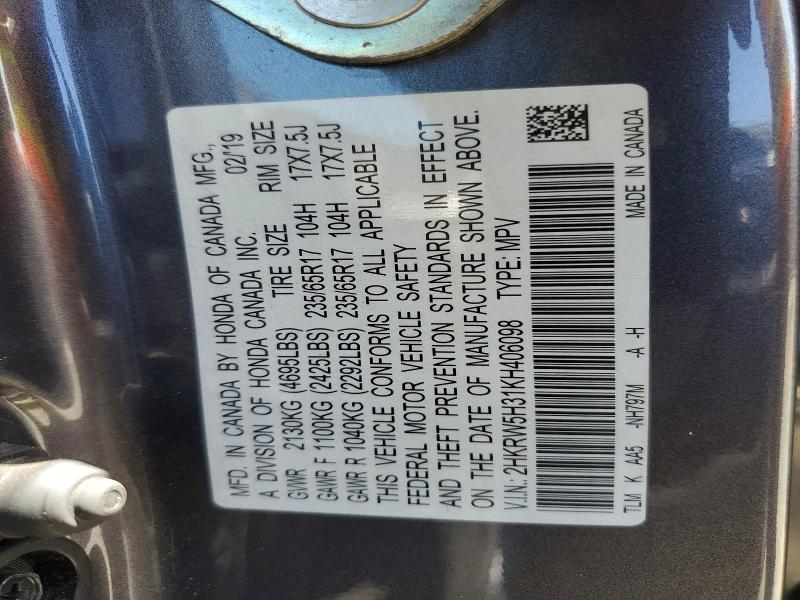 54004276 :رقم المزاد ، 2HKRW5H31KH406098 vin ، 2019 Honda Cr-v مزاد بيع