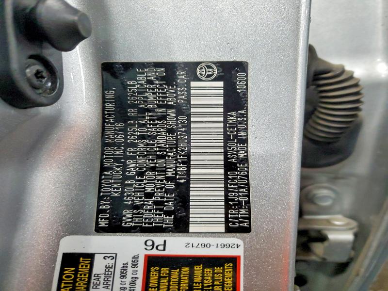 2017 Toyota Camry მანქანა იყიდება აუქციონზე, vin: 4T1BF1FK2HU274130, აუქციონის ნომერი: 54274346