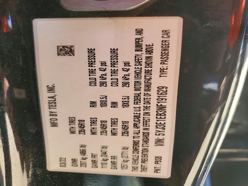2022 Tesla Model 3 მანქანა იყიდება აუქციონზე, vin: 5YJ3E1EB3NF191629, აუქციონის ნომერი: 53093126