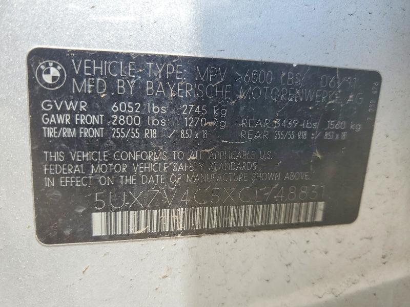 2012 Bmw X5 მანქანა იყიდება აუქციონზე, vin: 5UXZV4C5XCL748831, აუქციონის ნომერი: 53756296
