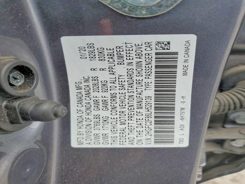 Продажа на аукционе авто 2020 Honda Civic, vin: 2HGFC2F86LH529139, номер лота: 55362436