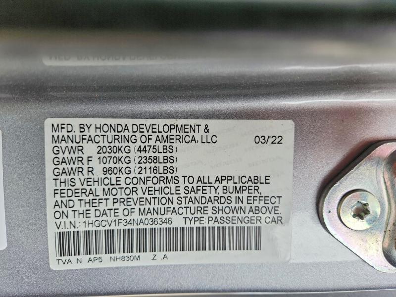2022 Honda Accord მანქანა იყიდება აუქციონზე, vin: 1HGCV1F34NA036346, აუქციონის ნომერი: 53638106