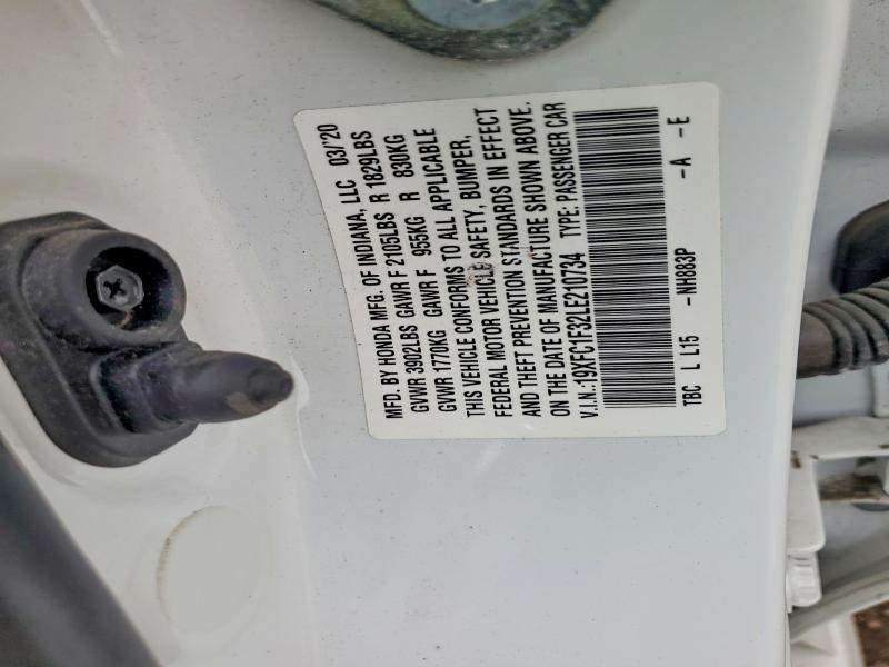 2020 Honda Civic მანქანა იყიდება აუქციონზე, vin: 19XFC1F32LE210734, აუქციონის ნომერი: 52990356