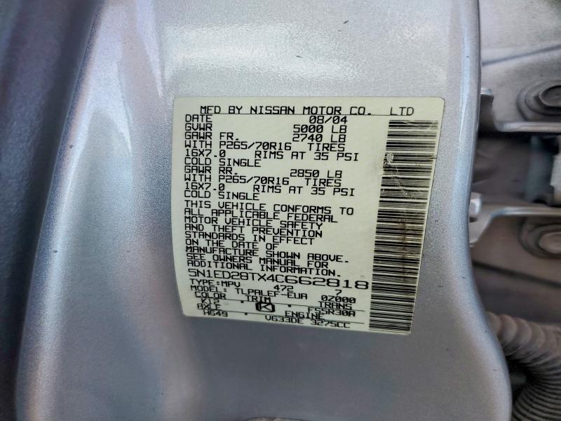 2004 Nissan Xterra მანქანა იყიდება აუქციონზე, vin: 5N1ED28TX4C662818, აუქციონის ნომერი: 53129016