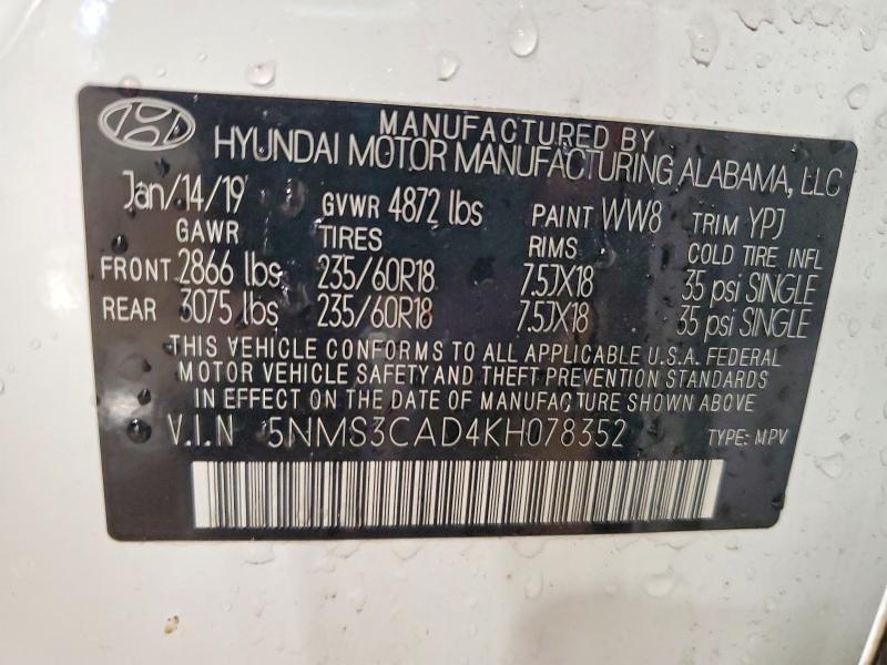 Продажа на аукционе авто 2019 Hyundai Santa Fe, vin: 5NMS3CAD4KH078352, номер лота: 53257466