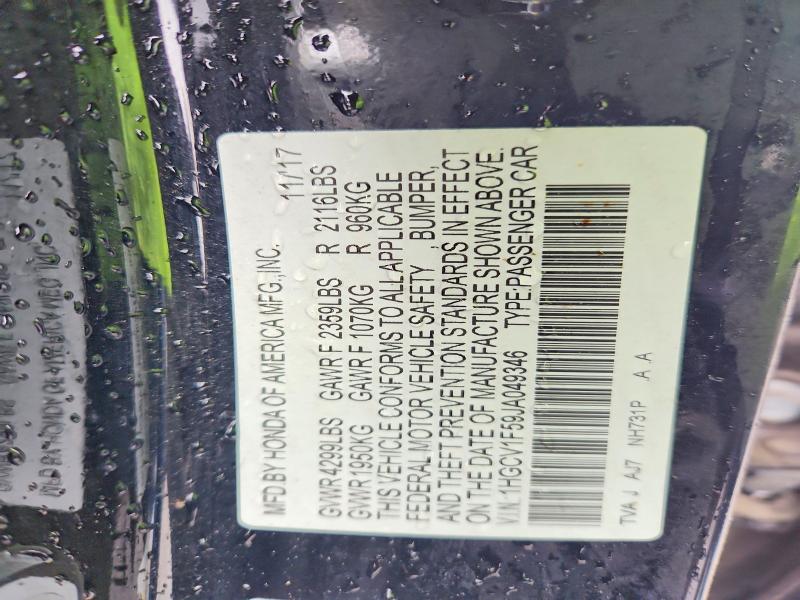 2018 Honda Accord მანქანა იყიდება აუქციონზე, vin: 1HGCV1F59JA049346, აუქციონის ნომერი: 52758066