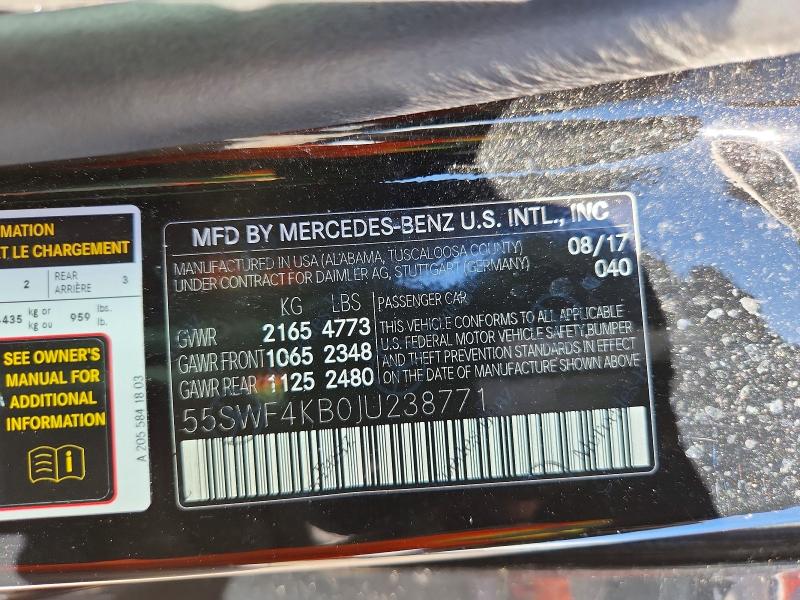 51914896 :رقم المزاد ، 55SWF4KB0JU238771 vin ، 2018 Mercedes-benz C مزاد بيع