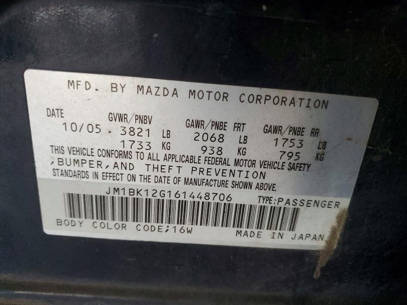 Продаж на аукціоні авто 2006 Mazda 3, vin: JM1BK12G161448706, номер лоту: 52418276