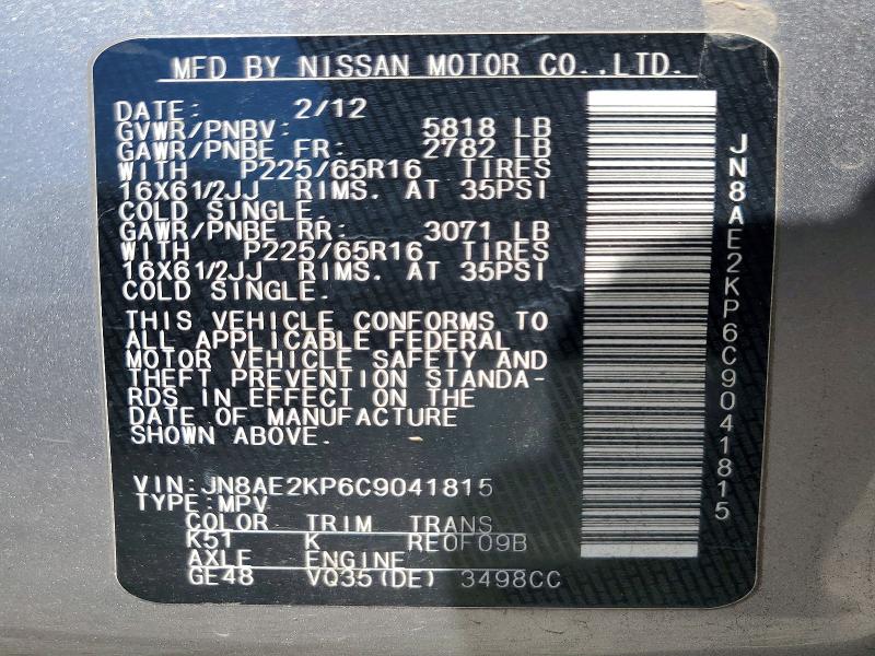Aukcja sprzedaży 2012 Nissan Quest, vin: JN8AE2KP6C9041815, numer aukcji: 54724906