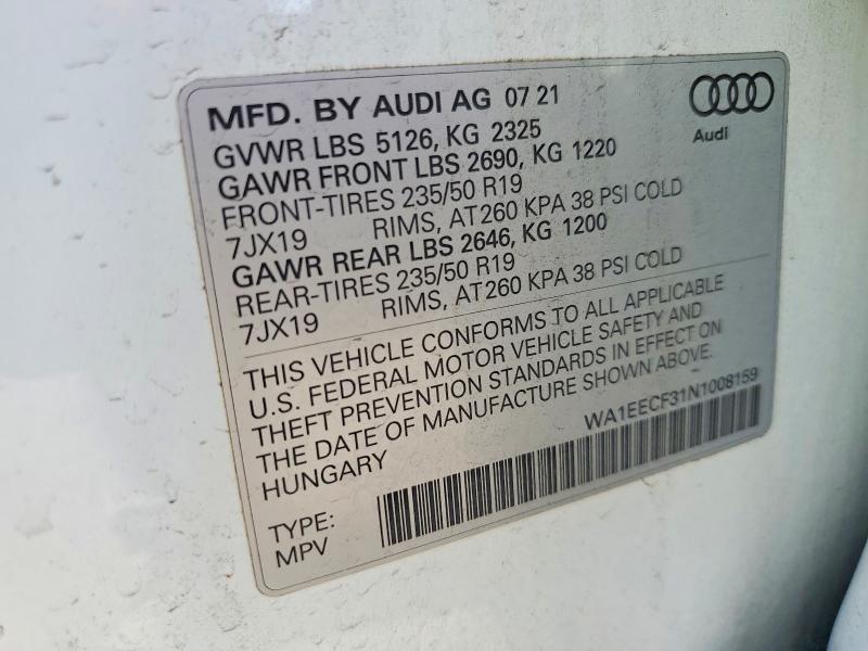 55041286 :رقم المزاد ، WA1EECF31N1008159 vin ، 2022 Audi Q3 مزاد بيع