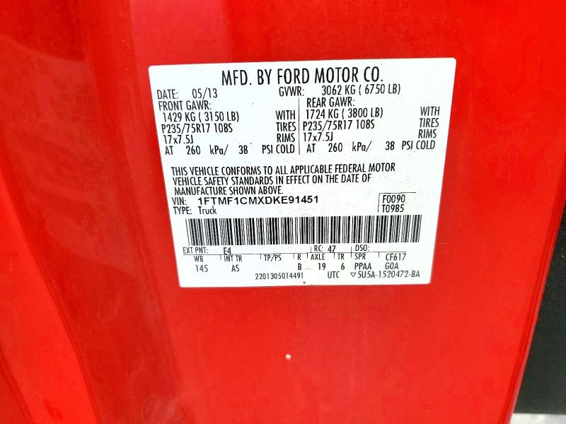2013 Ford F150 მანქანა იყიდება აუქციონზე, vin: 1FTMF1CMXDKE91451, აუქციონის ნომერი: 53110786