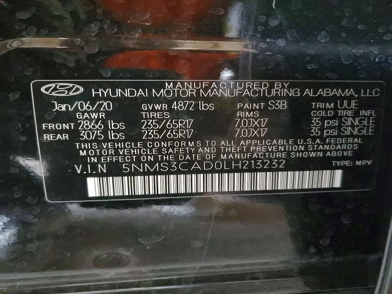 2020 Hyundai Santa Fe მანქანა იყიდება აუქციონზე, vin: 5NMS3CAD0LH213232, აუქციონის ნომერი: 54311416