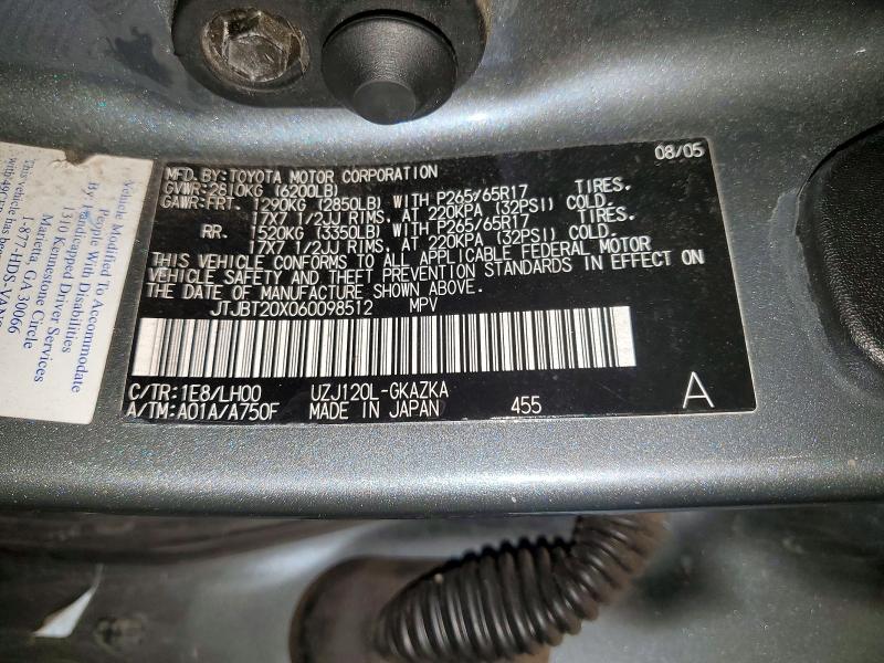 Aukcja sprzedaży 2006 Lexus Gx, vin: JTJBT20X060098512, numer aukcji: 54887706