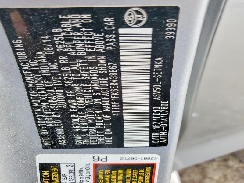 Auction sale of the 2014 Toyota Camry, vin: 4T4BF1FK6ER438867, lot number: 52355646