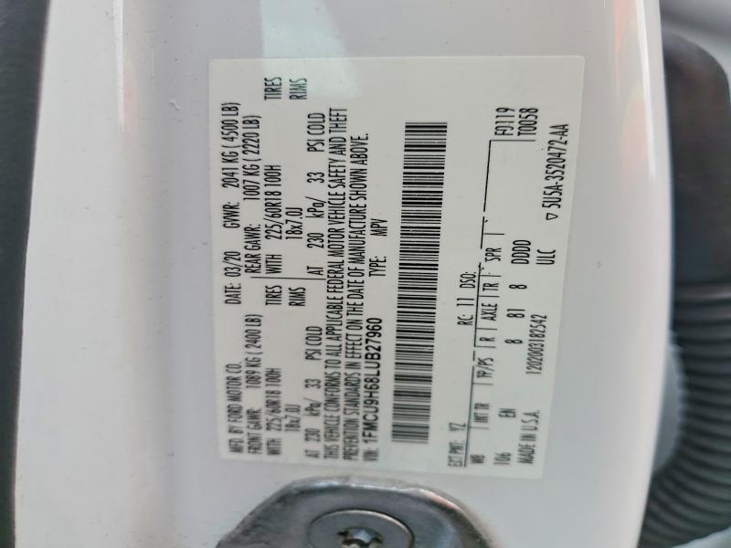 Aukcja sprzedaży 2020 Ford Escape, vin: 1FMCU9H68LUB27960, numer aukcji: 53166486