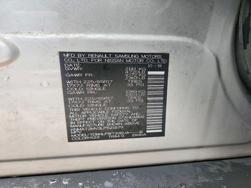 54052046 :رقم المزاد ، KNMAT2MV3LP521979 vin ، 2020 Nissan Rogue مزاد بيع