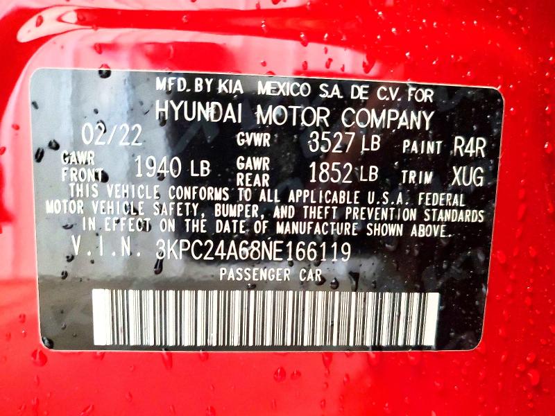 2022 Hyundai Accent მანქანა იყიდება აუქციონზე, vin: 3KPC24A68NE166119, აუქციონის ნომერი: 52475066