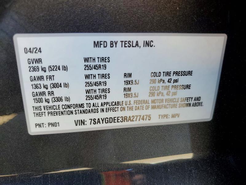 52954576 :رقم المزاد ، 7SAYGDEE3RA277475 vin ، 2024 Tesla Model Y مزاد بيع
