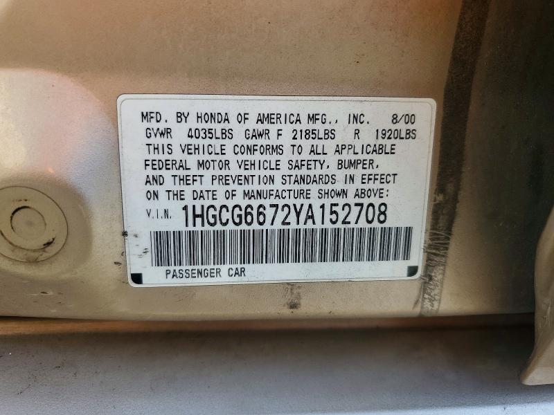 Aukcja sprzedaży 2000 Honda Accord, vin: 1HGCG6672YA152708, numer aukcji: 52897296