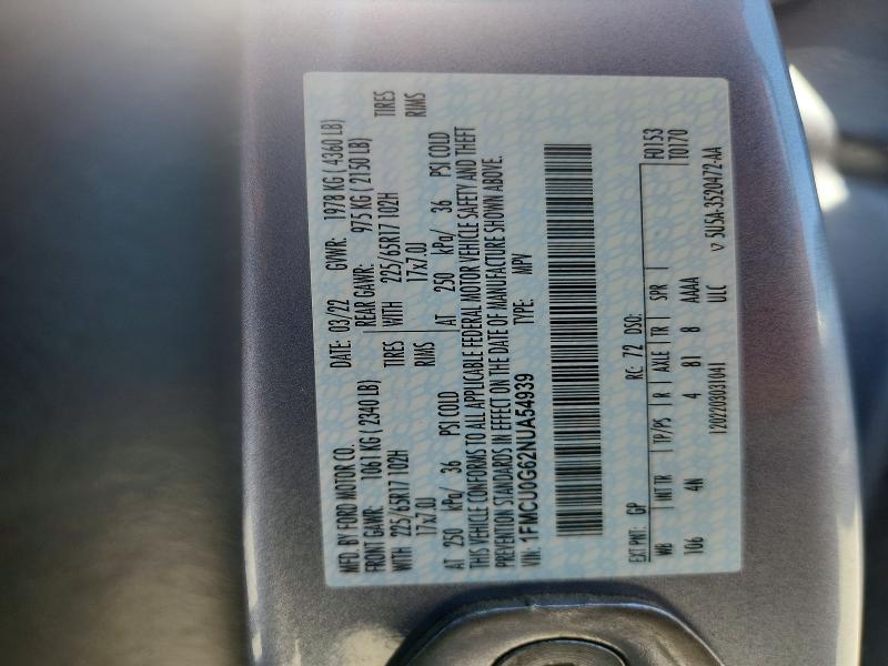 Продаж на аукціоні авто 2022 Ford Escape, vin: 1FMCU0G62NUA54939, номер лоту: 53334066