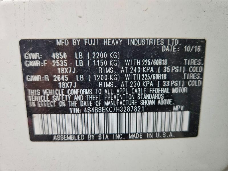 2017 Subaru Outback მანქანა იყიდება აუქციონზე, vin: 4S4BSEKC7H3287821, აუქციონის ნომერი: 54717386
