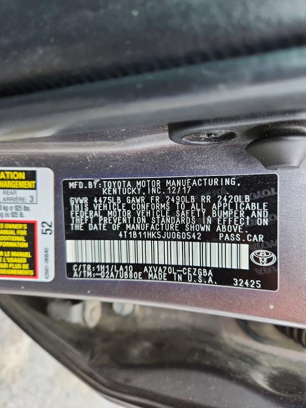 Продажа на аукционе авто 2018 Toyota Camry, vin: 4T1B11HK5JU060542, номер лота: 53272436