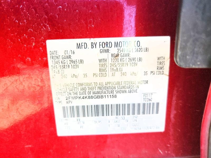 52585146 :رقم المزاد ، 2FMPK4K88GBB11158 vin ، 2016 Ford Edge مزاد بيع