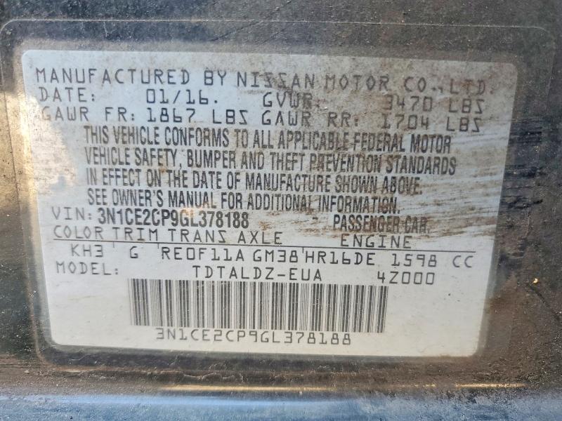 2016 Nissan Versa Note მანქანა იყიდება აუქციონზე, vin: 3N1CE2CP9GL378188, აუქციონის ნომერი: 54225696