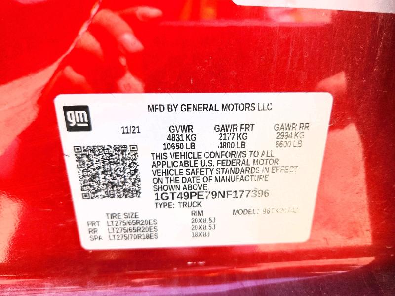 53343066 :رقم المزاد ، 1GT49PE79NF177396 vin ، 2022 Gmc Sierra مزاد بيع