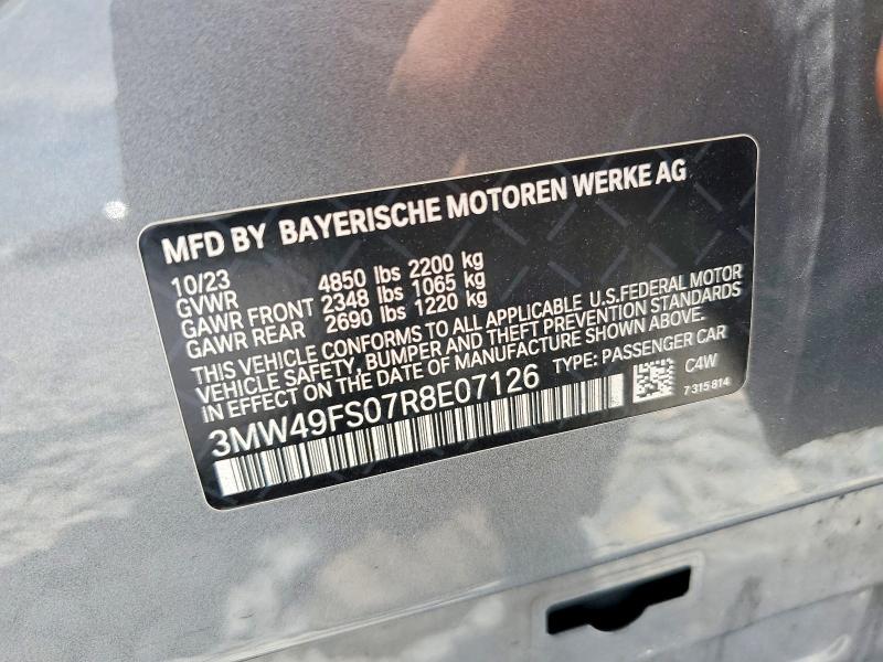 52051016 :رقم المزاد ، 3MW49FS07R8E07126 vin ، 2024 Bmw M340i مزاد بيع