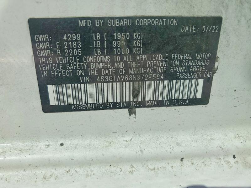 52892376 :رقم المزاد ، 4S3GTAV68N3727594 vin ، 2022 Subaru Impreza مزاد بيع