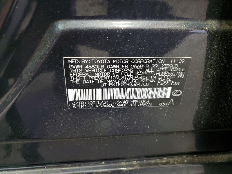 52614936 :رقم المزاد ، JTHBK1EG0A2364700 vin ، 2010 Lexus Es مزاد بيع