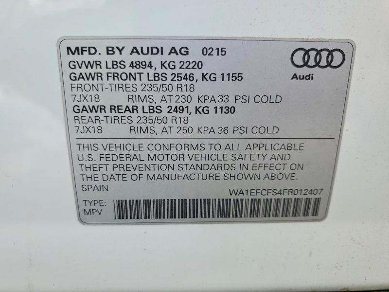 2015 Audi Q3 მანქანა იყიდება აუქციონზე, vin: WA1EFCFS4FR012407, აუქციონის ნომერი: 53772096