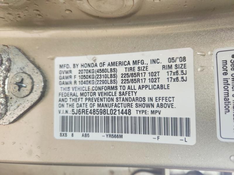 2008 Honda Cr-v მანქანა იყიდება აუქციონზე, vin: 5J6RE48598L021448, აუქციონის ნომერი: 53438016