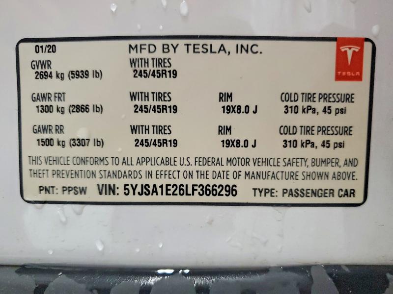 2020 Tesla Model S მანქანა იყიდება აუქციონზე, vin: 5YJSA1E26LF366296, აუქციონის ნომერი: 54702526