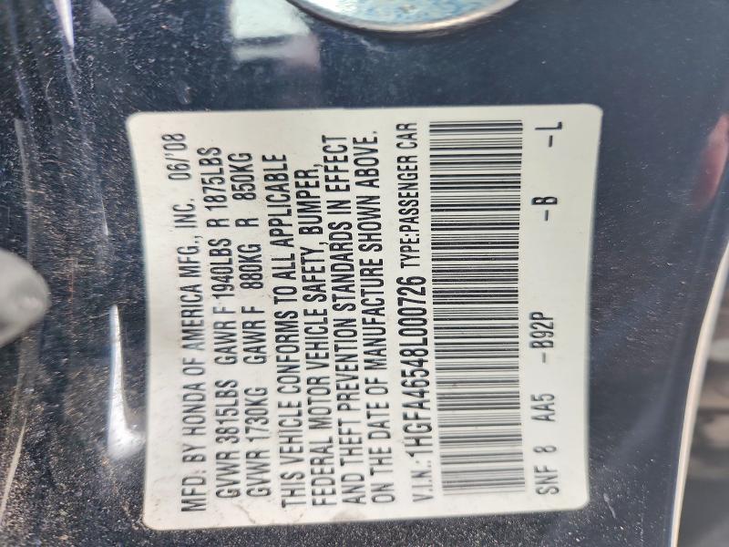 2008 Honda Civic მანქანა იყიდება აუქციონზე, vin: 1HGFA46548L000726, აუქციონის ნომერი: 52233006