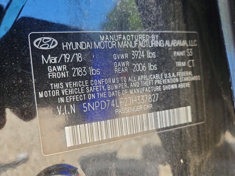 55210906 :رقم المزاد ، 5NPD74LF2JH337827 vin ، 2018 Hyundai Elantra مزاد بيع