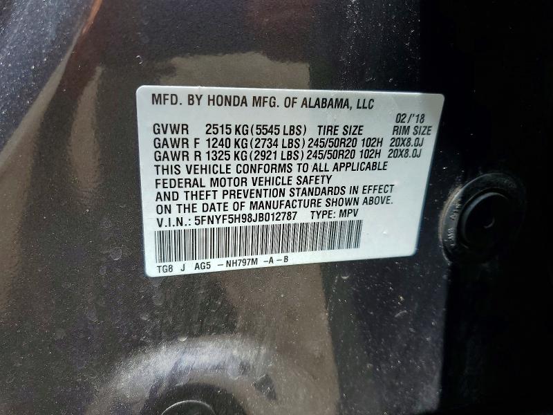 Aukcja sprzedaży 2018 Honda Pilot, vin: 5FNYF5H98JB012787, numer aukcji: 54901886