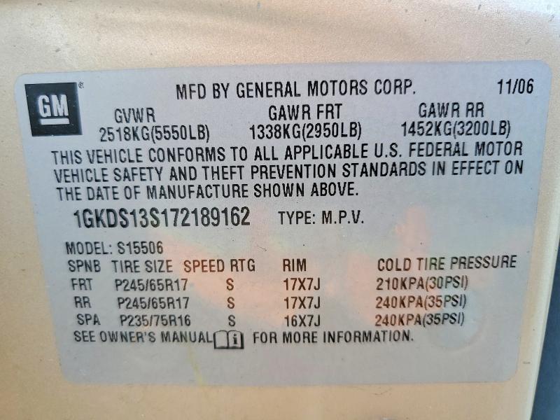 Aukcja sprzedaży 2007 Gmc Envoy, vin: 1GKDS13S172189162, numer aukcji: 53523796