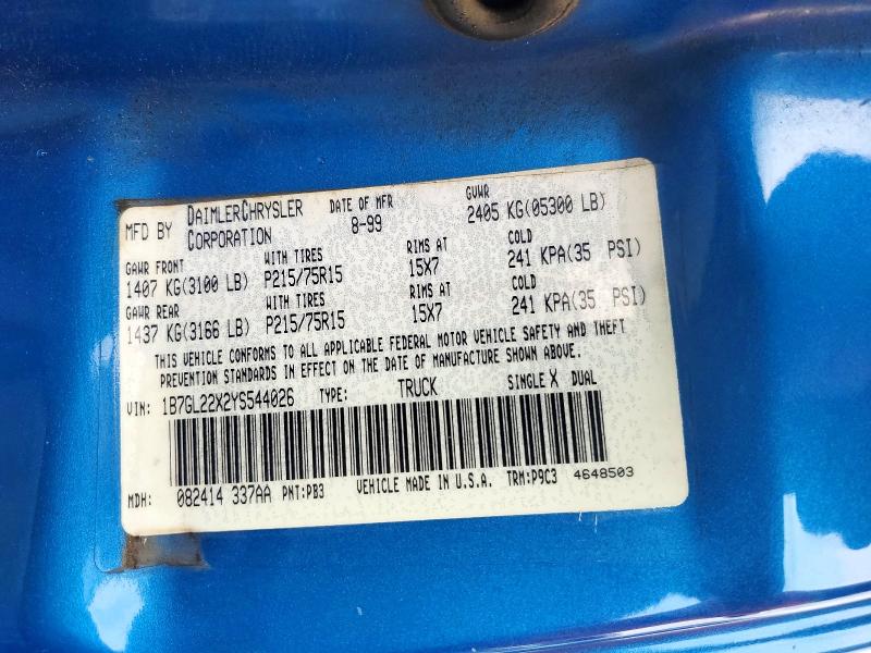 2000 Dodge Dakota მანქანა იყიდება აუქციონზე, vin: 1B7GL22X2YS544026, აუქციონის ნომერი: 53288236
