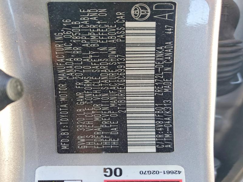 Aukcja sprzedaży 2016 Toyota Corolla, vin: 2T1BURHEXGC699137, numer aukcji: 53384226